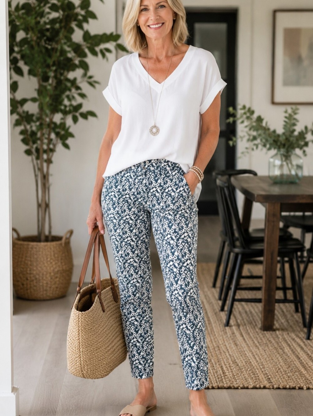 Chico's Navy and White Print Stretch Jeans